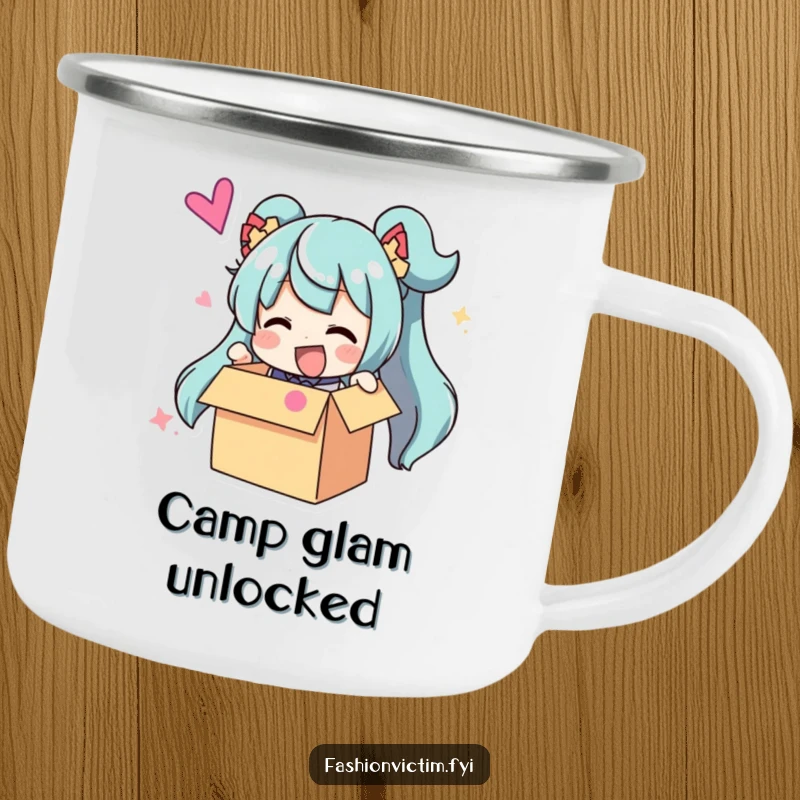 Funny Camping Mug: Character gleefully unboxing an oversized, brightly colored accessory, perfect for outdoor enthusiasts.