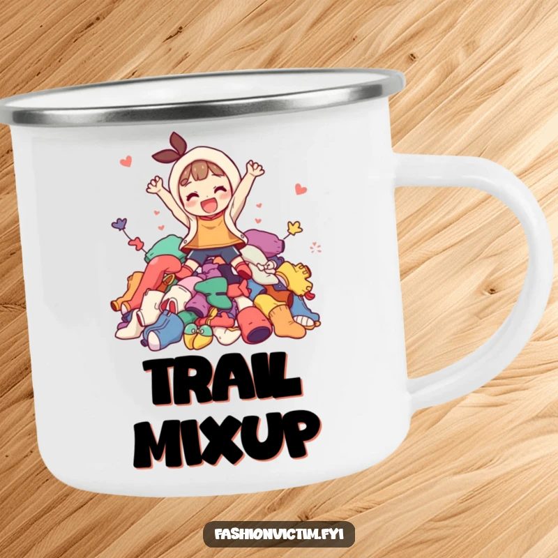 Funny camping mug with a character happily jumping into a colorful, messy pile of mismatched clothing, perfect for outdoor enjoyment.