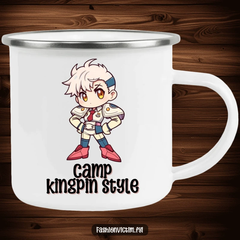 Funny Camping Mug: Character striking a confident pose with exaggerated shoulder pads and pointy shoes, perfect for outdoor enthusiasts.