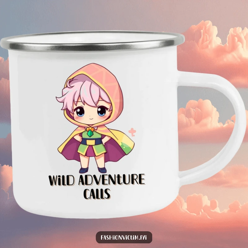 Funny camping mug showing a proud character showcasing a brightly patterned, oversized cape billowing behind them, for outdoor adventures.