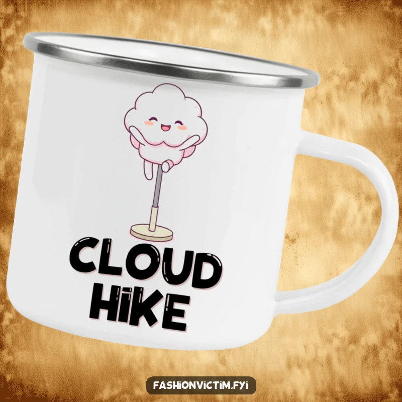 Funny camping mug showing a fluffy cloud character joyfully leaping over a mannequin leg, perfect for adding playful humor to outdoor drinks.