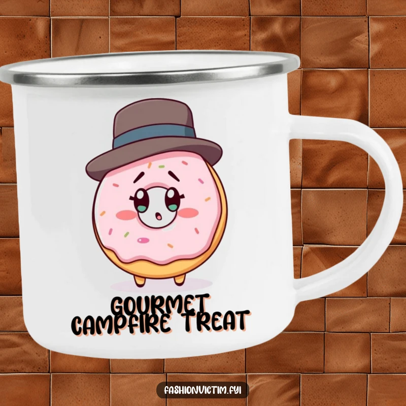 Funny camping mug showing a donut character in a designer hat looking shocked at its reflection, ideal for sweet outdoor moments.