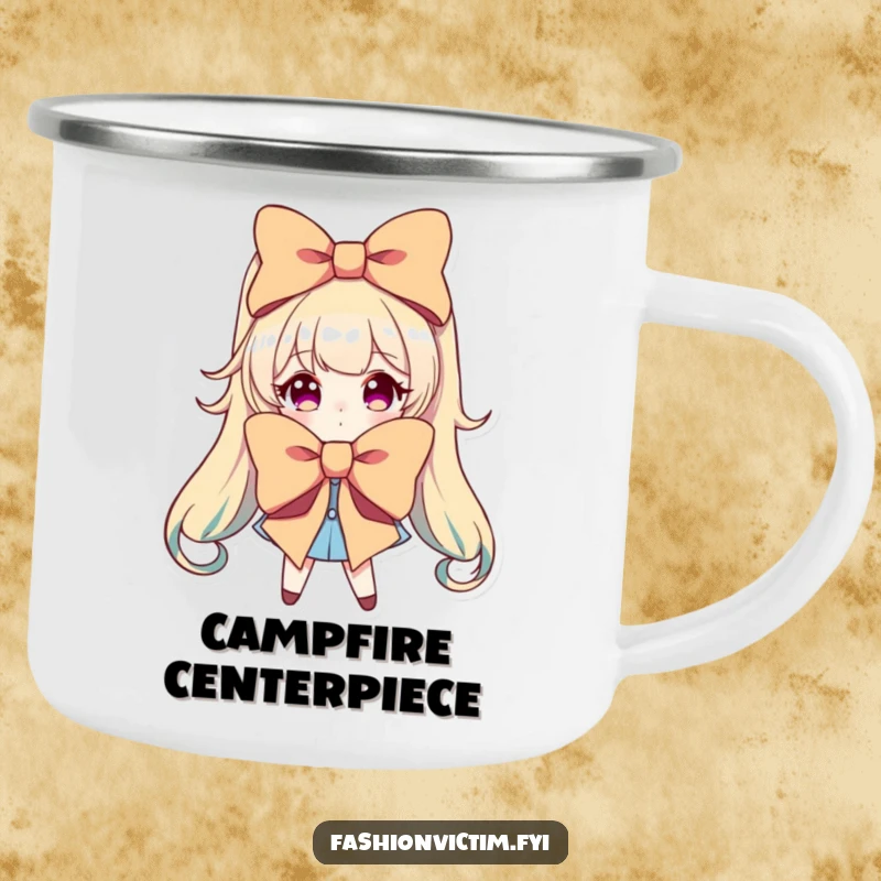 Funny camping mug showing a character dramatically posing with an oversized, brightly colored bow.