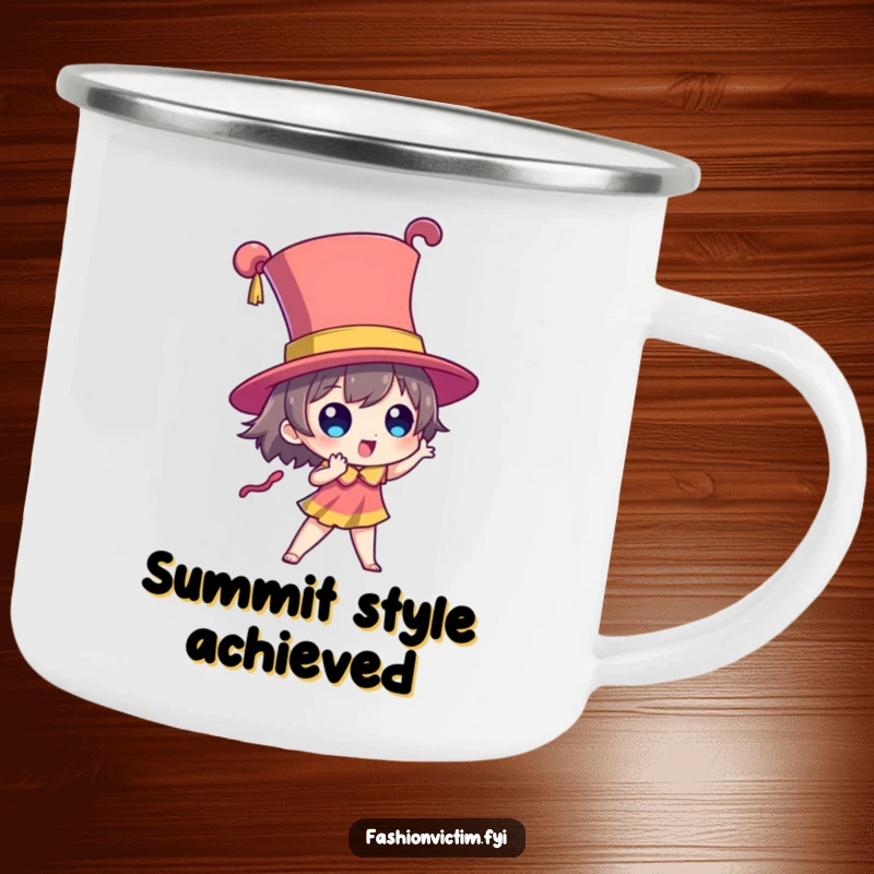 Funny camping mug with a character posing dramatically in a towering, brightly colored hat, embodying outdoor theatricality.