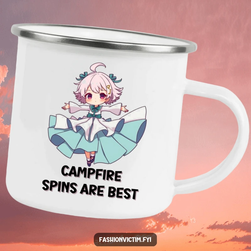 Funny enamel camping mug featuring a character in ruffled clothes spinning with arms outstretched, perfect for outdoor dramatic flair.