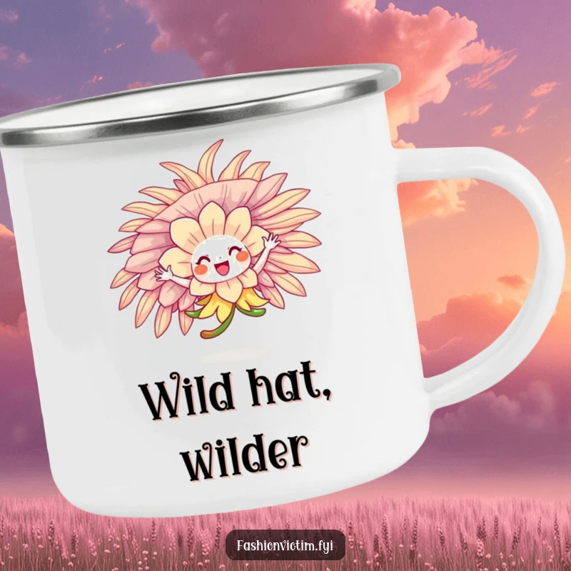 Funny flower character joyfully twirling in an oversized, feathered hat on a durable camping mug.