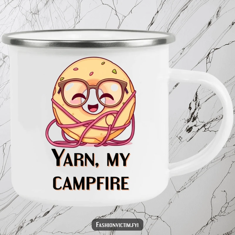 Funny camping mug with a giggling doughnut character, sporting oversized glasses and tangled in yarn.