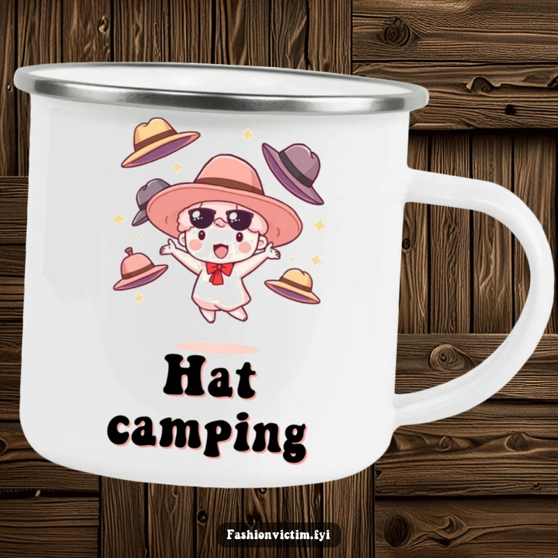 Funny camping mug showing a small cloudburst character happily juggling oversized fashionable hats, adding a touch of flair to outdoor drinks.