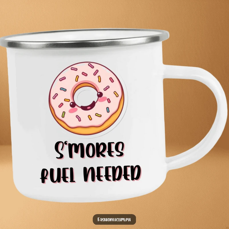 Funny Kawaii donut camping mug, a cheerful donut spinning with sprinkles, durable and sweet for outdoor enjoyment.