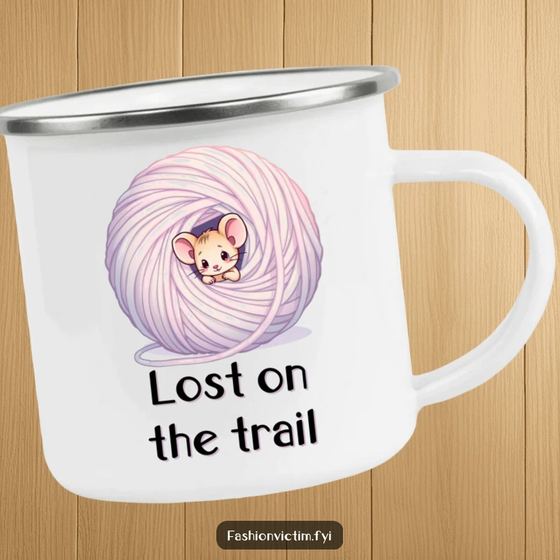 Funny mouse camping mug, a tiny mouse tangled in yarn, looking confused, durable for outdoor use.