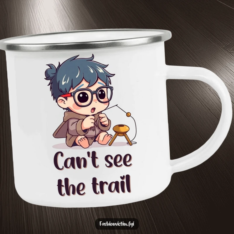 Funny camping mug showing a character enthusiastically trying to thread a tiny needle while wearing enormous spectacles.