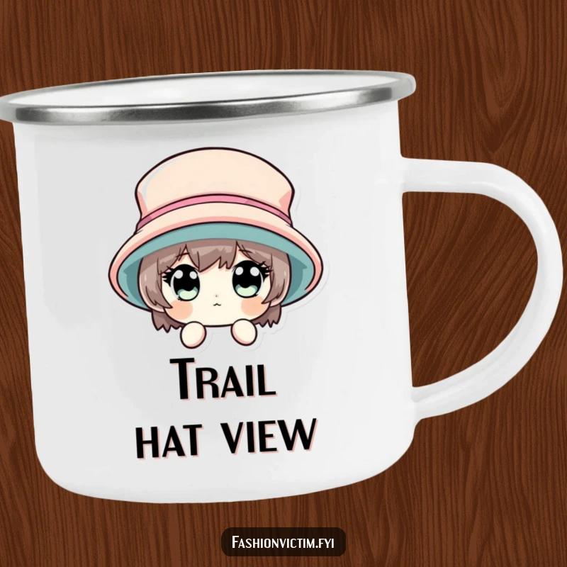 Funny camping mug with a character's wide eyes peeking from behind a huge hat, for outdoor use.