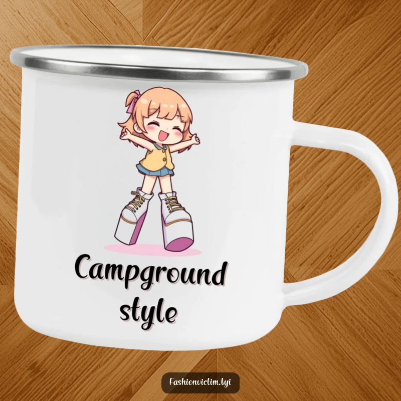 Funny camping mug showing a character gleefully attempting to walk in extremely high platform shoes, for outdoor adventures.
