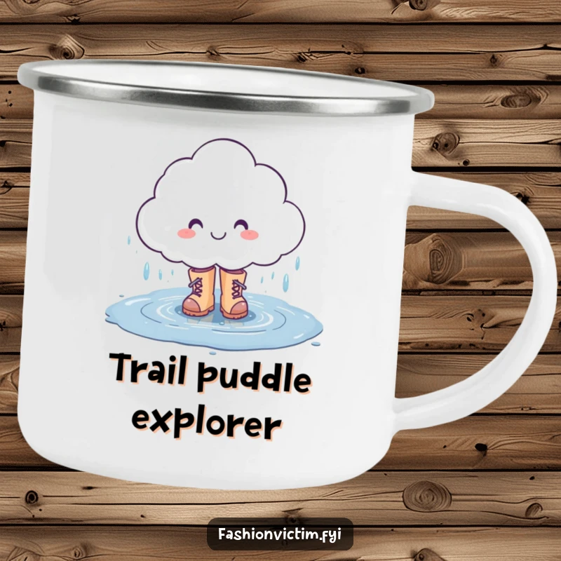 Funny camping mug showing a smiling rain cloud character splashing in a puddle with stylish boots, ideal for cheerful outdoor fun.