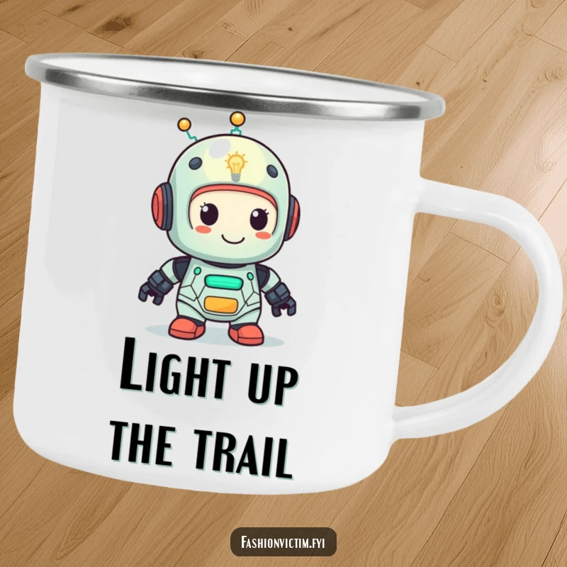 Funny camping mug with a cute robot with a lightbulb head looking very pleased. Humorous outdoor gear.