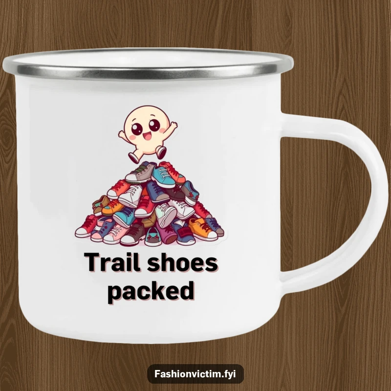 Funny camping mug featuring a small, round character with big eyes joyfully leaping over a towering pile of mismatched shoes.