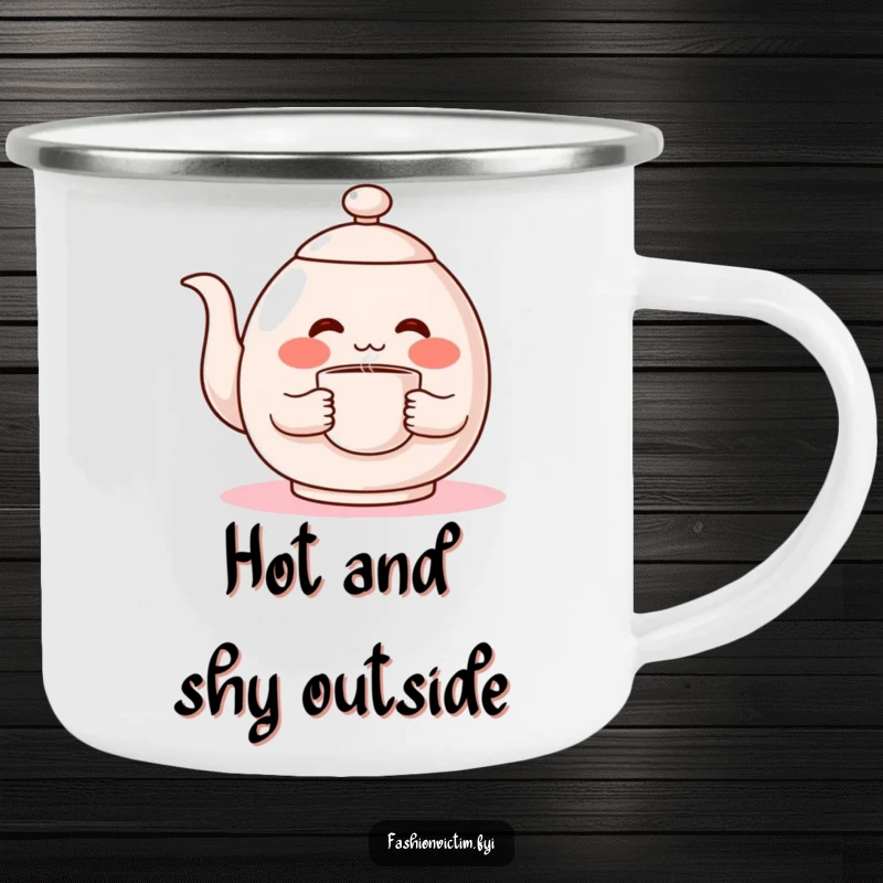 Funny enamel camping mug, a shy teapot character blushing red, holding a steaming cup, perfect for outdoor adventures.