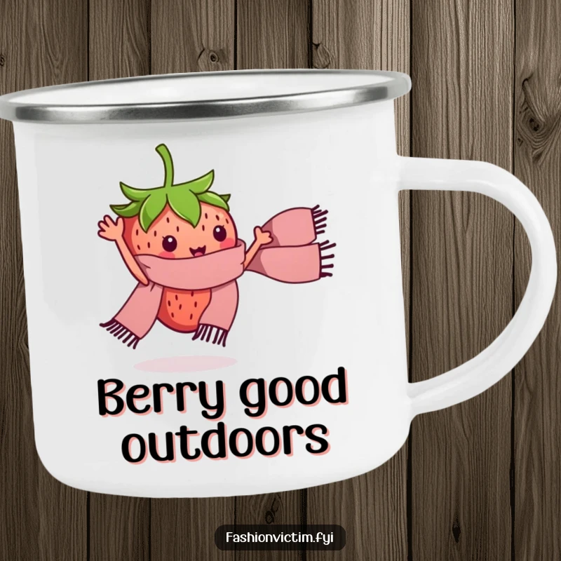 Funny camping mug with a tiny strawberry character waving a miniature stylish scarf. Humorous outdoor gear.