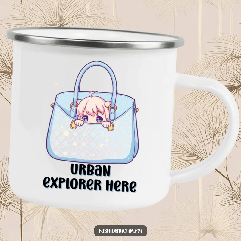 Funny camping mug showing a character peeking from a chic, sparkly handbag, ready for outdoor fun and laughter.