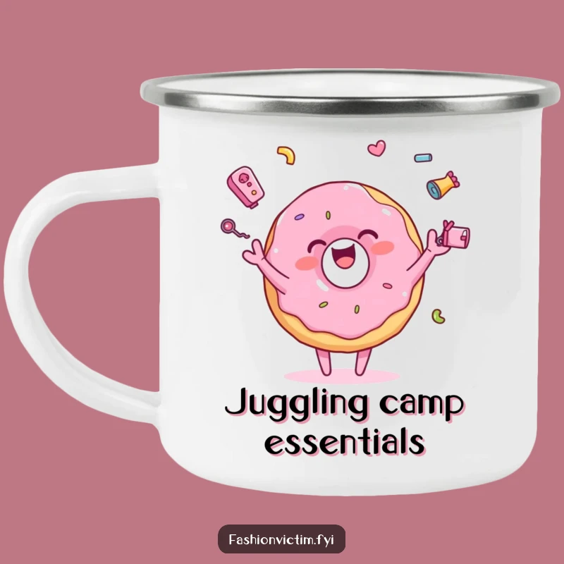 Funny Juggling Donut Camping Mug: Colorful Joy Outdoors