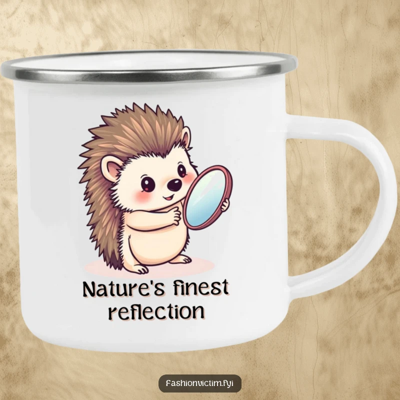 Funny camping mug with a charming hedgehog admiring itself in a handheld mirror, perfect for rugged adventurers who appreciate a humorous touch.