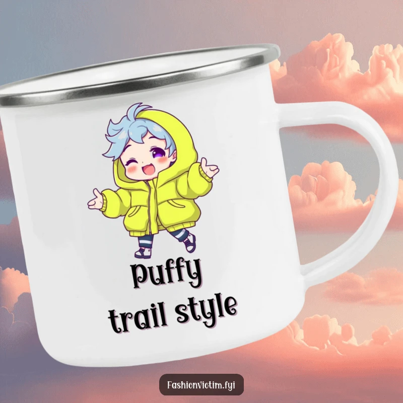 Funny camping mug with a character modeling a neon green puffy jacket, built for adventure and a good laugh, perfect for fashion lovers.