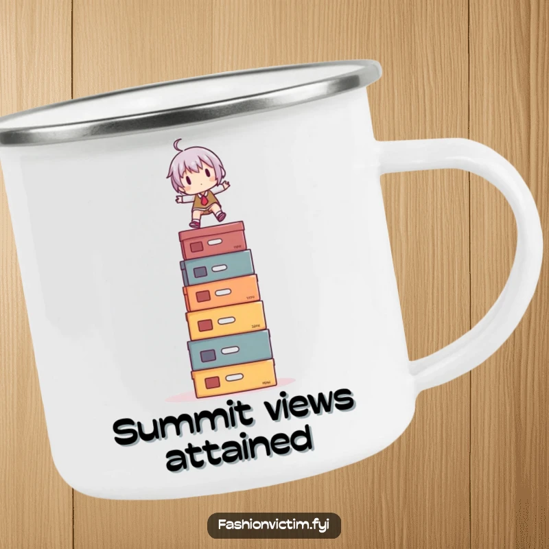 Funny Camping Mug: A character performing a humorous balancing act on a tall stack of shoe boxes, ideal for outdoor adventures.