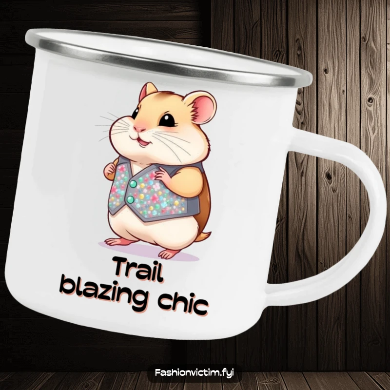 Funny Hamster Camping Mug: A chubby hamster proudly wears a tiny sequined vest, ready for outdoor adventures with style.