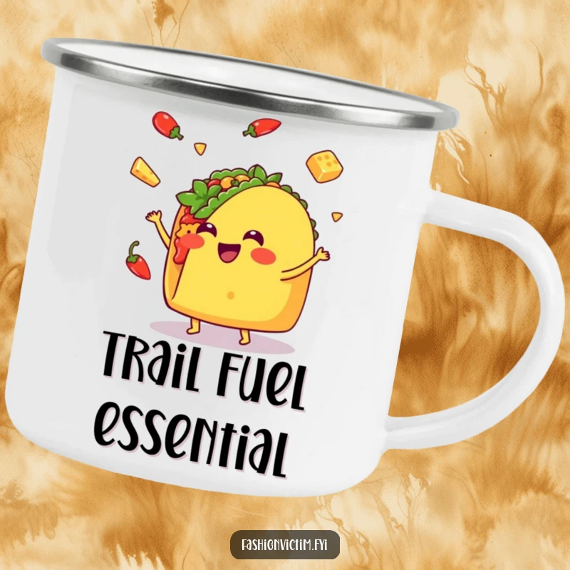 Funny Kawaii taco camping mug, a happy taco juggling, durable and cheerful for outdoor adventures.