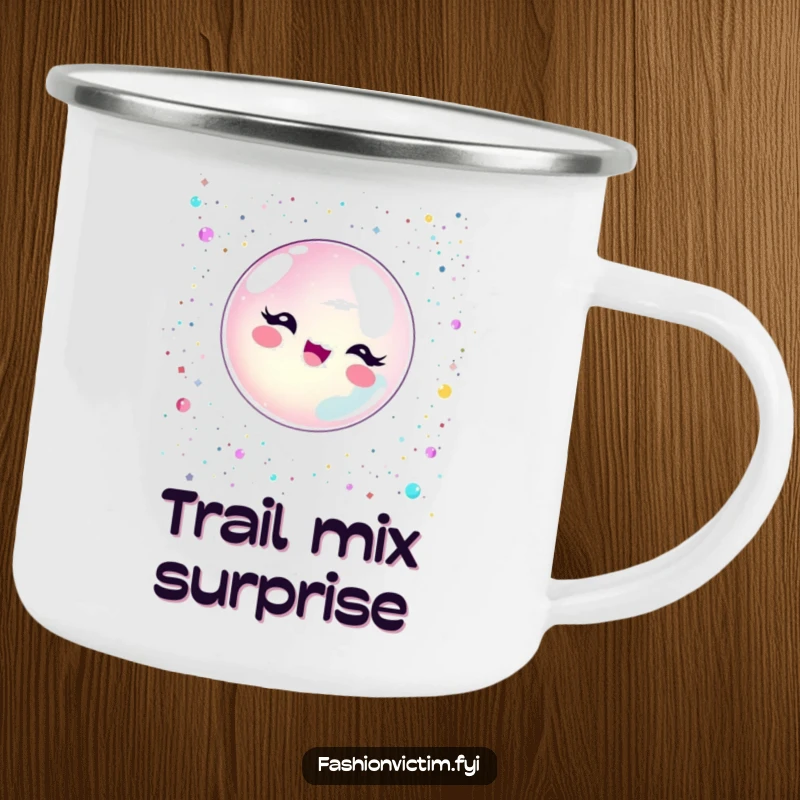 Funny bubble character joyfully popping with glitter and sequins on a durable camping mug.