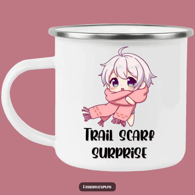 Funny Scarf Tangle Camping Mug: Beaming Character's Surprise Adventure