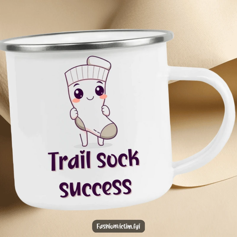 Funny camping mug showing a character with a triumphant grin, proudly holding up one perfectly matched sock, perfect for laundry lovers.