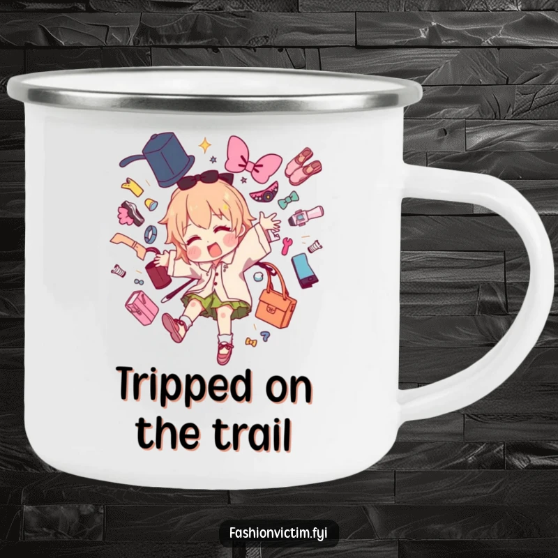 Funny camping mug showing a character dramatically tripping and scattering fashion items, perfect for creative outdoor excursions.
