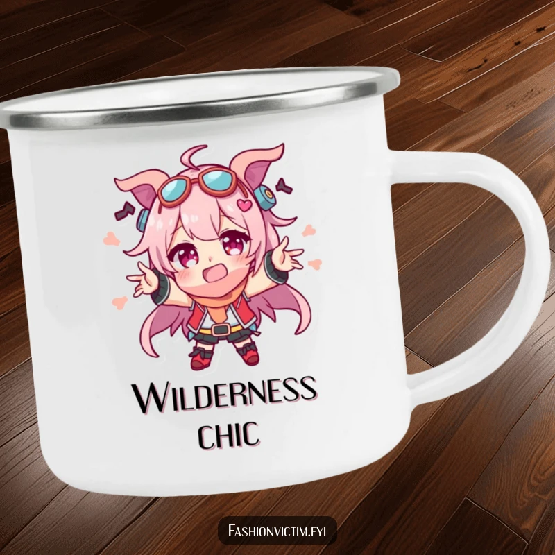 Funny camping mug of a character embracing adventure with a comical overflow of mismatched accessories, perfect for enjoying beverages outdoors humorously.