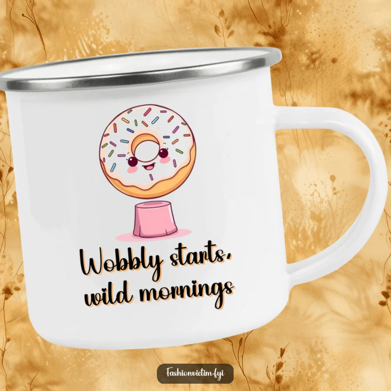 Funny camping mug featuring a dramatic donut with sprinkles posing on a precarious pedestal, perfect for outdoor humor.