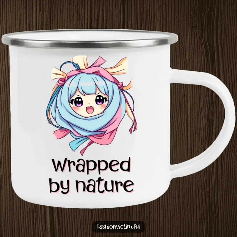 Funny enamel camping mug featuring a character happily tangled in fabric with a surprised expression, perfect for outdoor fun.