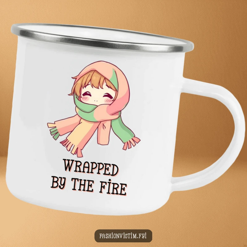 Funny Camping Mug of a bubbly character draped in a ridiculously long, colorful scarf, perfect for outdoor enjoyment.