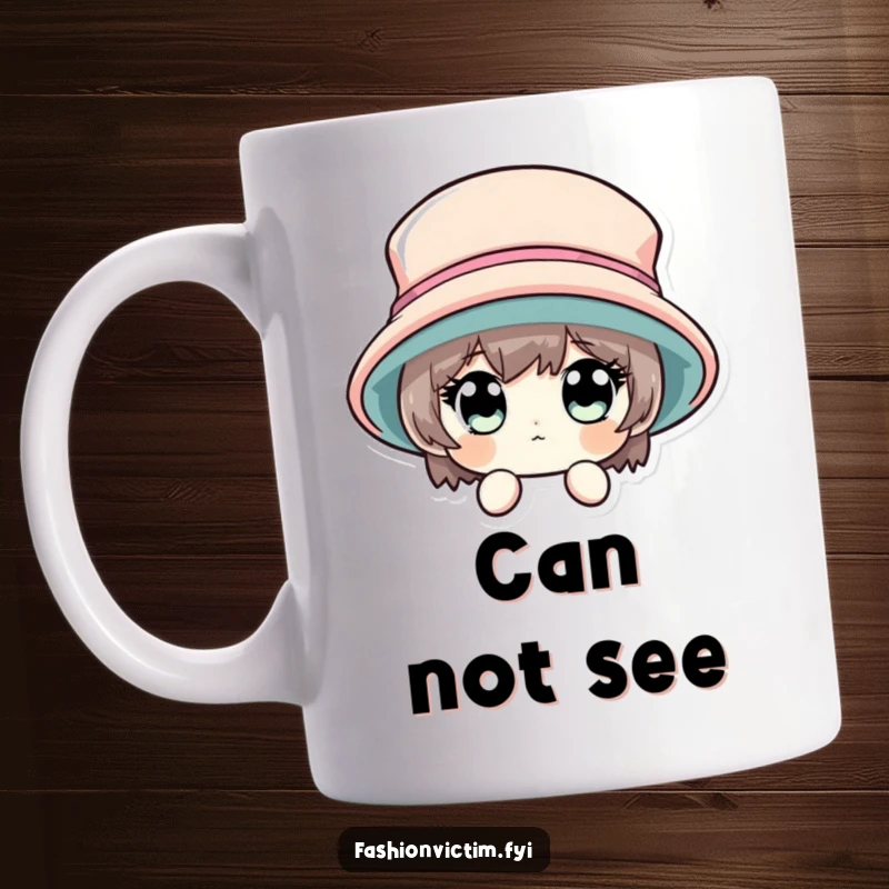 Funny mug with a character peeking with wide eyes from behind a huge, fashionable hat, conveying surprise.