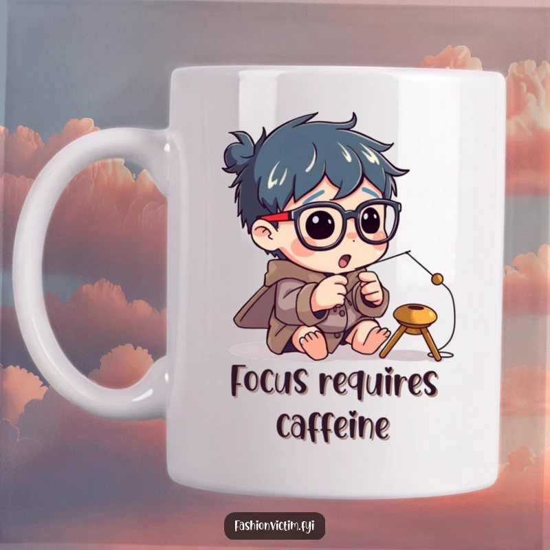 Funny mug of a character enthusiastically trying to thread a tiny needle while wearing comically enormous spectacles.