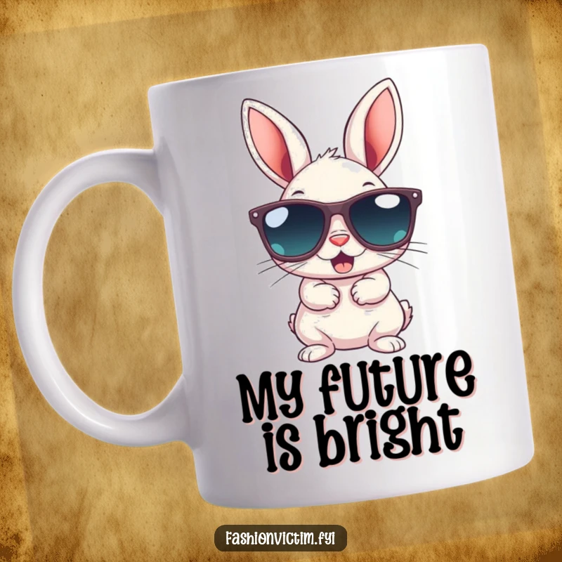 Funny mug showing a small bunny gleefully attempting to wear gigantic sunglasses, exuding a cool, carefree, and humorous vibe.