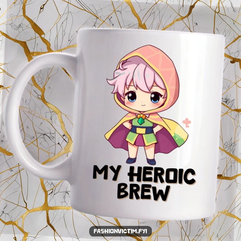 Funny mug of a proud character showcasing a brightly patterned, oversized cape billowing behind them, embodying heroism.