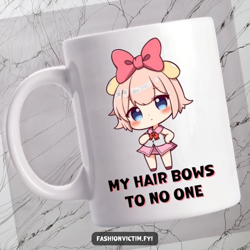 Funny mug with a confident girl character boasting a comically oversized bow, striking a proud pose, perfect for a sassy gift.