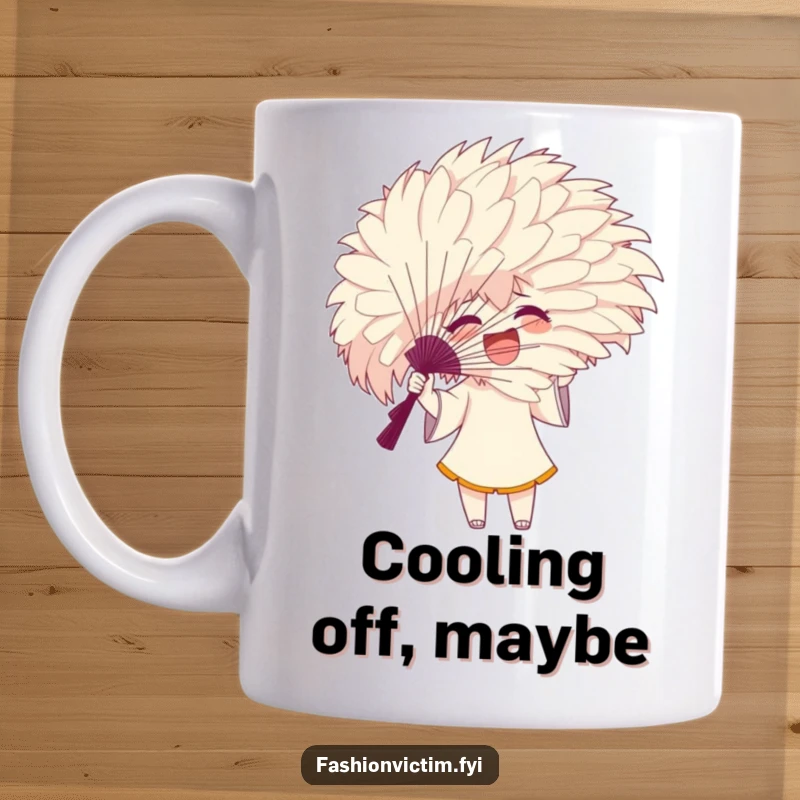 Funny mug showing an excited character gesturing with a large, feathery fan that completely obscures their face.