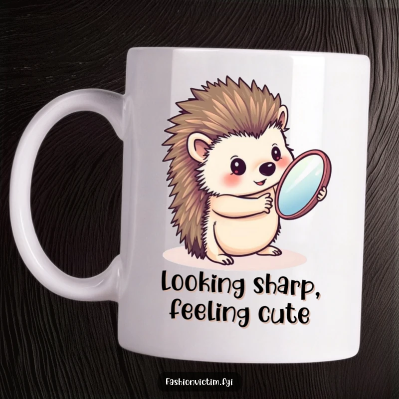 Funny mug featuring a charming hedgehog gazing admiringly at itself in a handheld mirror, showcasing self-love and cute vanity.