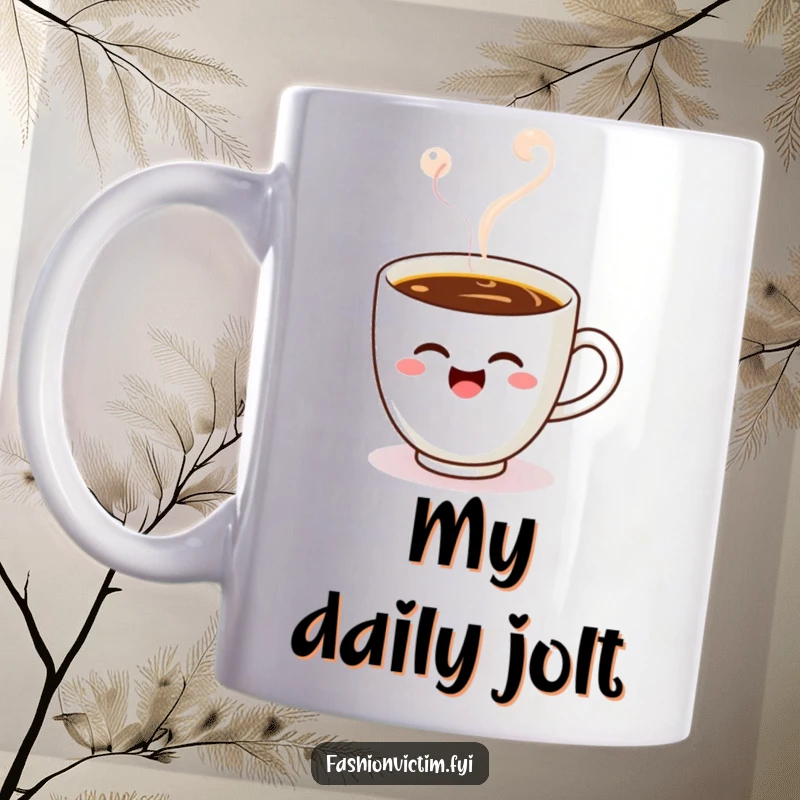 Funny Kawaii coffee cup mug, winking playfully while floating in steam, bringing warmth and humor to your drink.