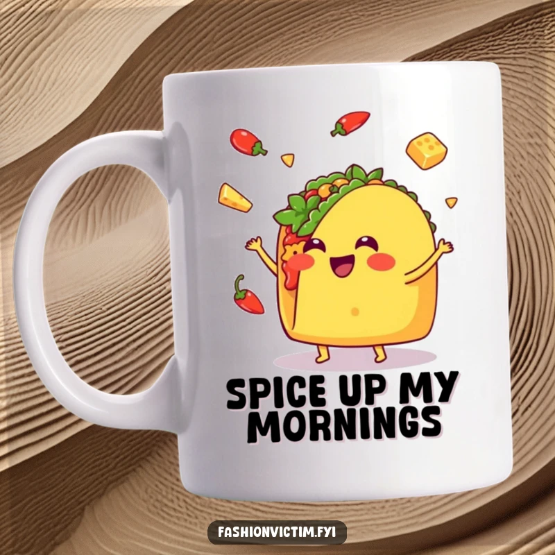 Funny Kawaii taco mug with a smiling face, enthusiastically juggling tiny peppers and cheese, bringing joy and laughter.