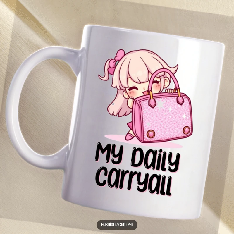 Funny mug featuring a character comically wrestling with a huge, dazzling handbag, expressing a love for fashion and humor.