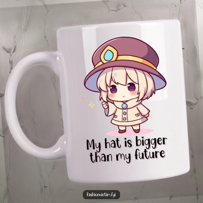 Funny mug featuring a character in a giant hat enthusiastically pointing at a small, shiny accessory, celebrating grand gestures and tiny treasures.