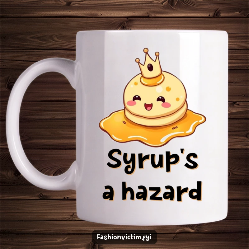 Funny pancake mug, a cheerful pancake wearing a tiny crown, tripping over its own syrup puddle, breakfast humor.