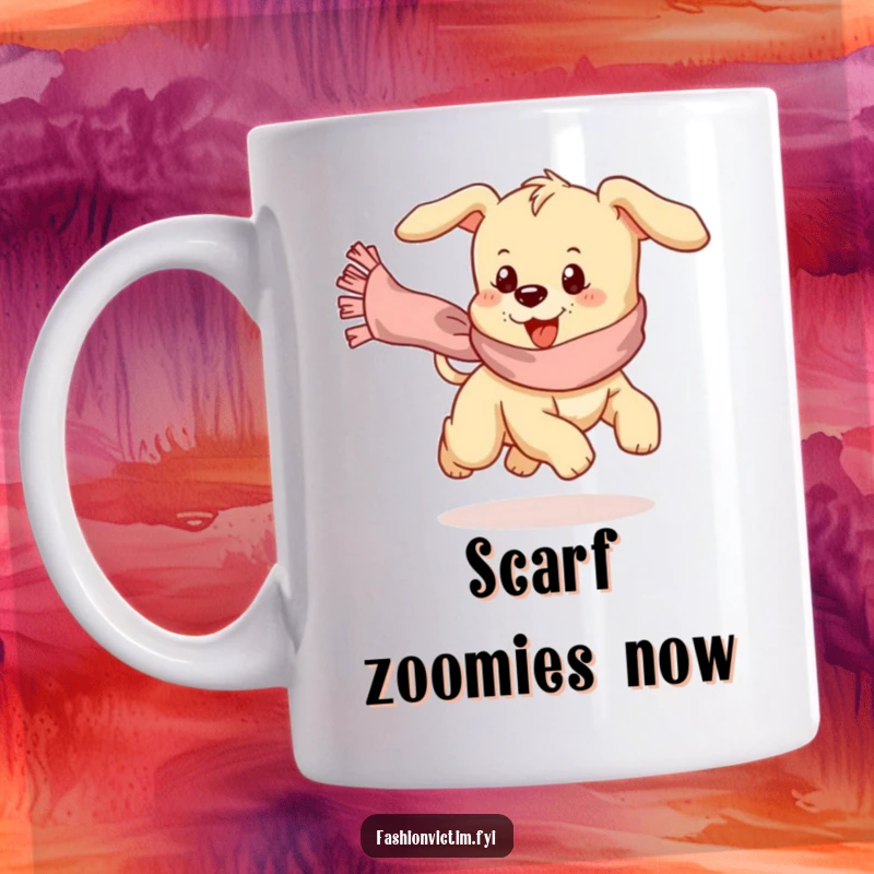 Funny mug depicting a playful puppy comically chasing a runaway, frilly scarf with energetic determination.